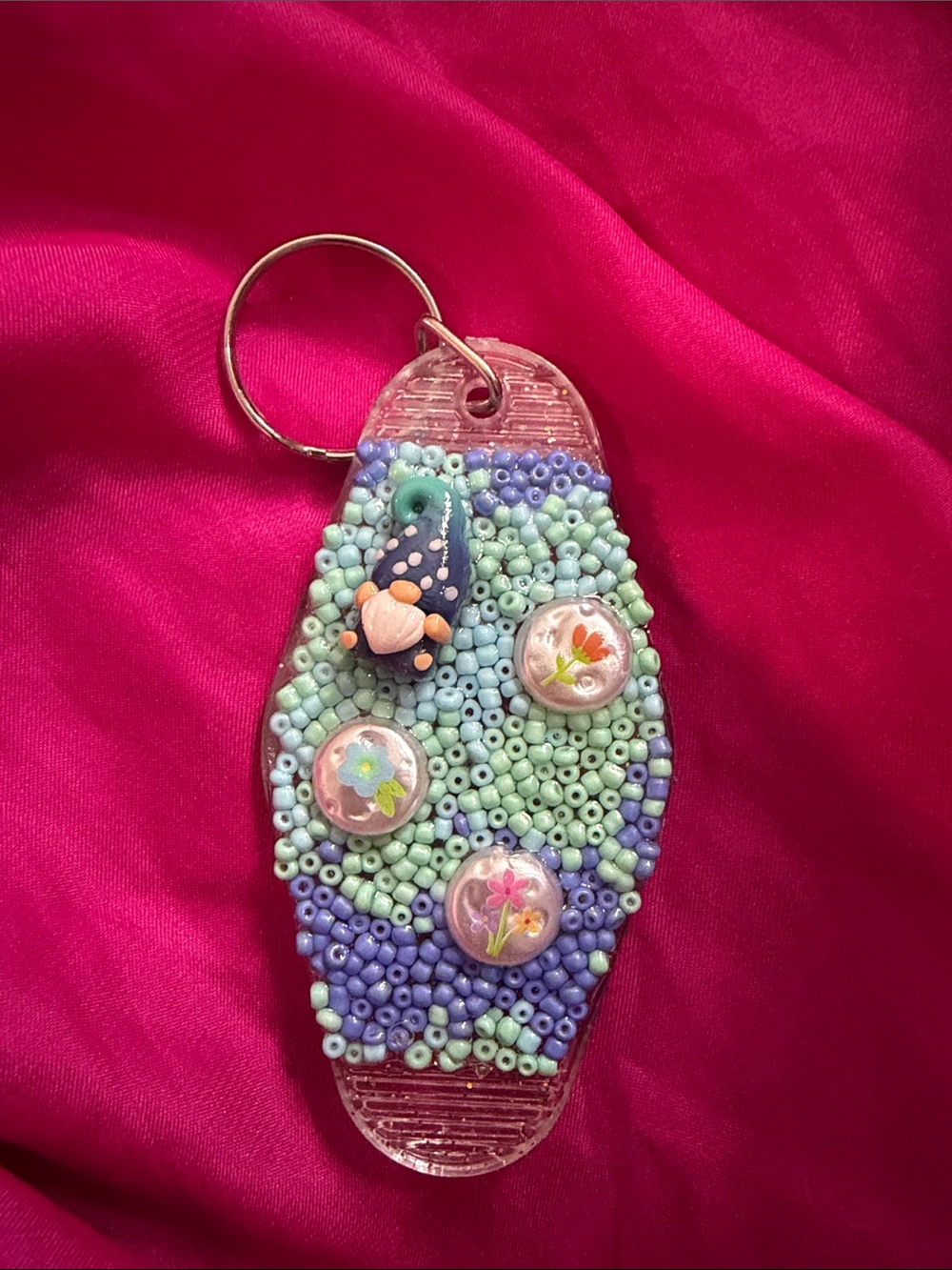 Handmade Beaded Keychain Gnome with Floral Charms - Mint & Lavender